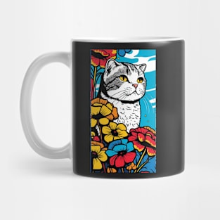 Scottish Fold Cat Vibrant Tropical Flower Tall Retro Vintage Digital Pop Art Portrait 3 Mug